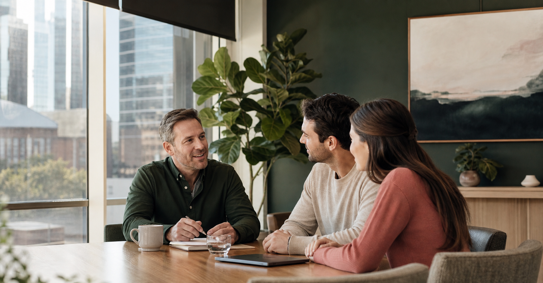 Mortgage adviser speaking with clients in a Melbourne office